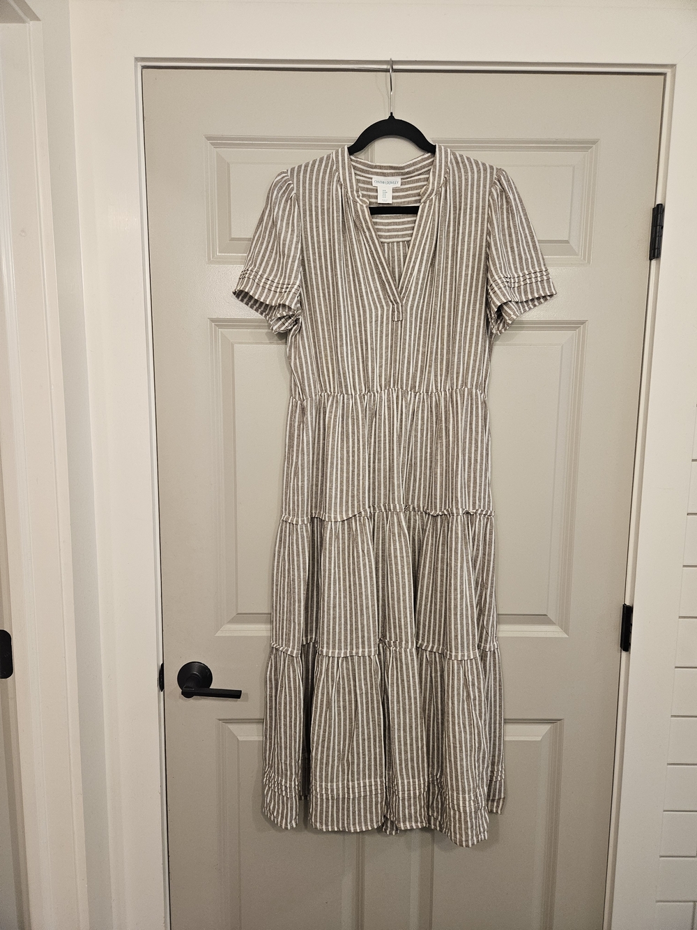 Cynthia Rowley Beige and White Striped Tiered Midi Dress